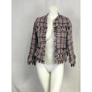 [327] Halogen Jacket Womens M Multicolor Tweed Fringe Open Collarless Blazer